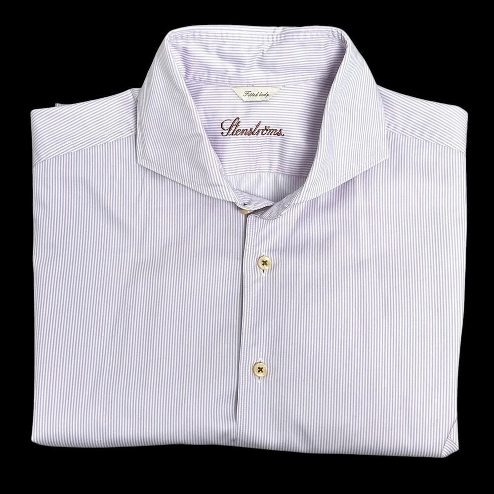Stenstroms Fitted Body Lavender Stripe Cotton Dress Shirt Sweden Slim Fit Sz M